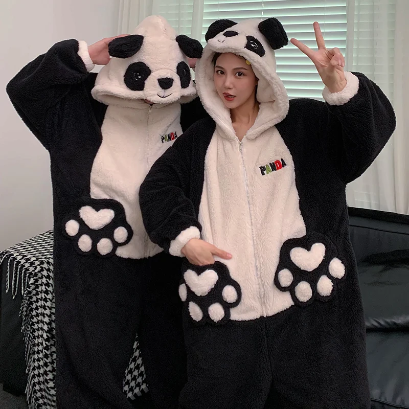 Kigurumis Panda Winter Women Pajamas Jumpsuits Men Sleepwear Warm Thicken Couple Cartoon Hooded Coral Velvet One-Pieces Lovers