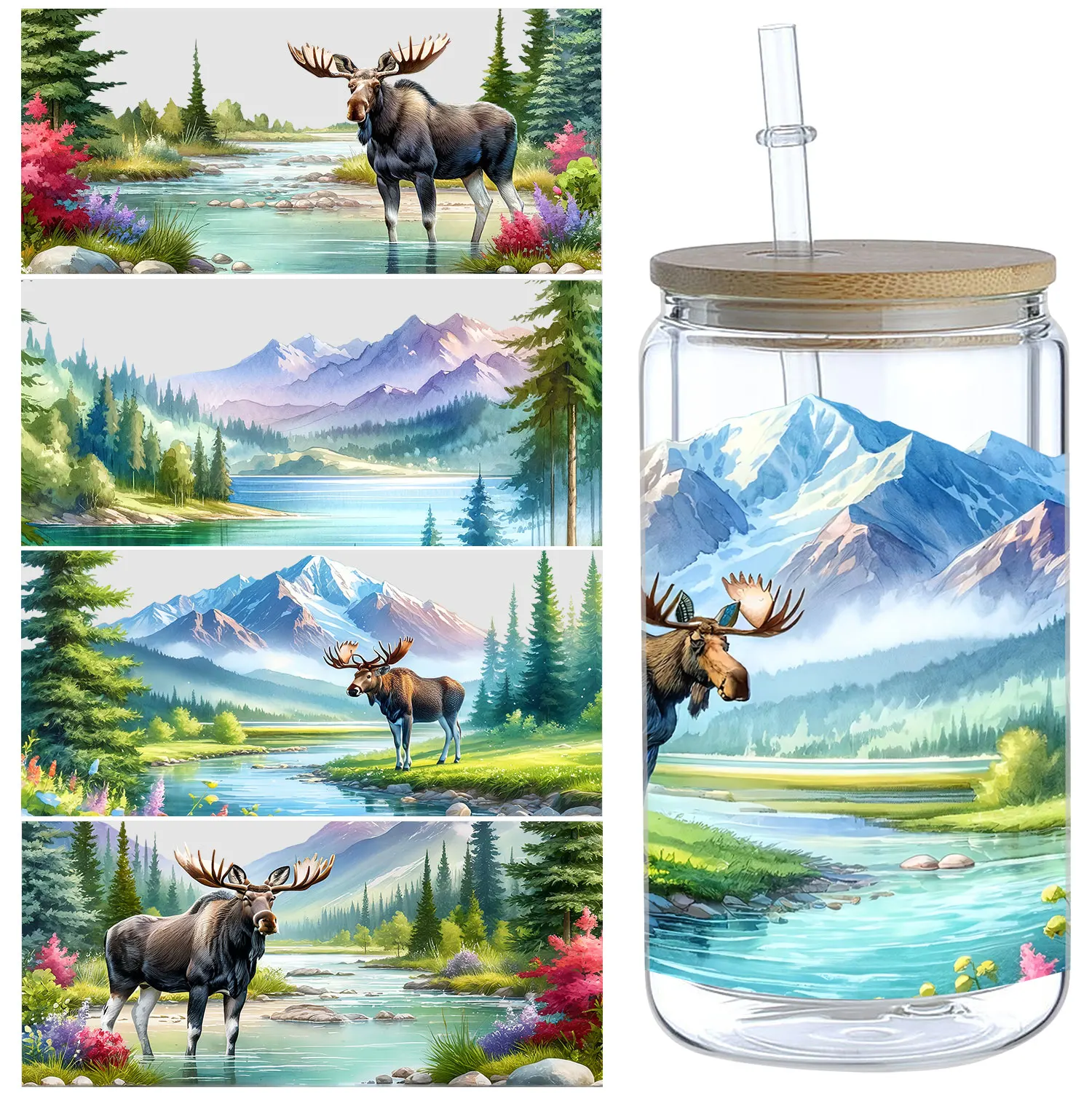 5pcs cartoon pattern UV DTF cup stickers, DTF friction transfer stickers, waterproof transfer stickers for 16oz glass cups