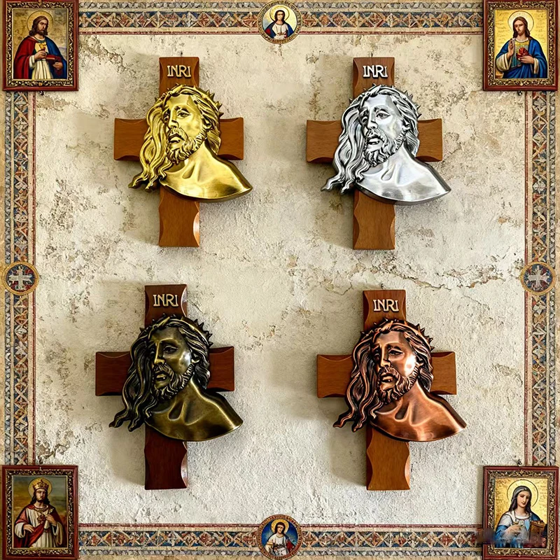 

New 2026 Exquisite Catholic Solid Wood Metal Relief Jesus Cross Wall Hanging Jesus Holy Image Solemn Demeanor Wall Decoration