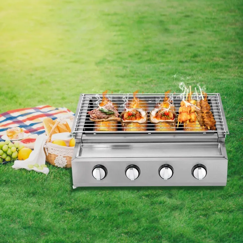 Outdoor barbecue grill, suitable for camping and family gatherings, four head gas pan, stainless steel LPG barbecue grill