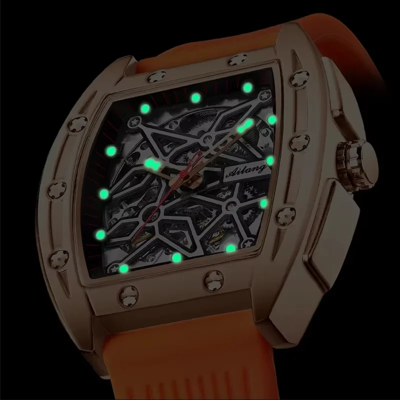 Rose Gold AILANG Brand New Barrel Case Metal Mechanical Watch Silicone Band Waterproof Skeleton Automatic Luxury Sports Watch