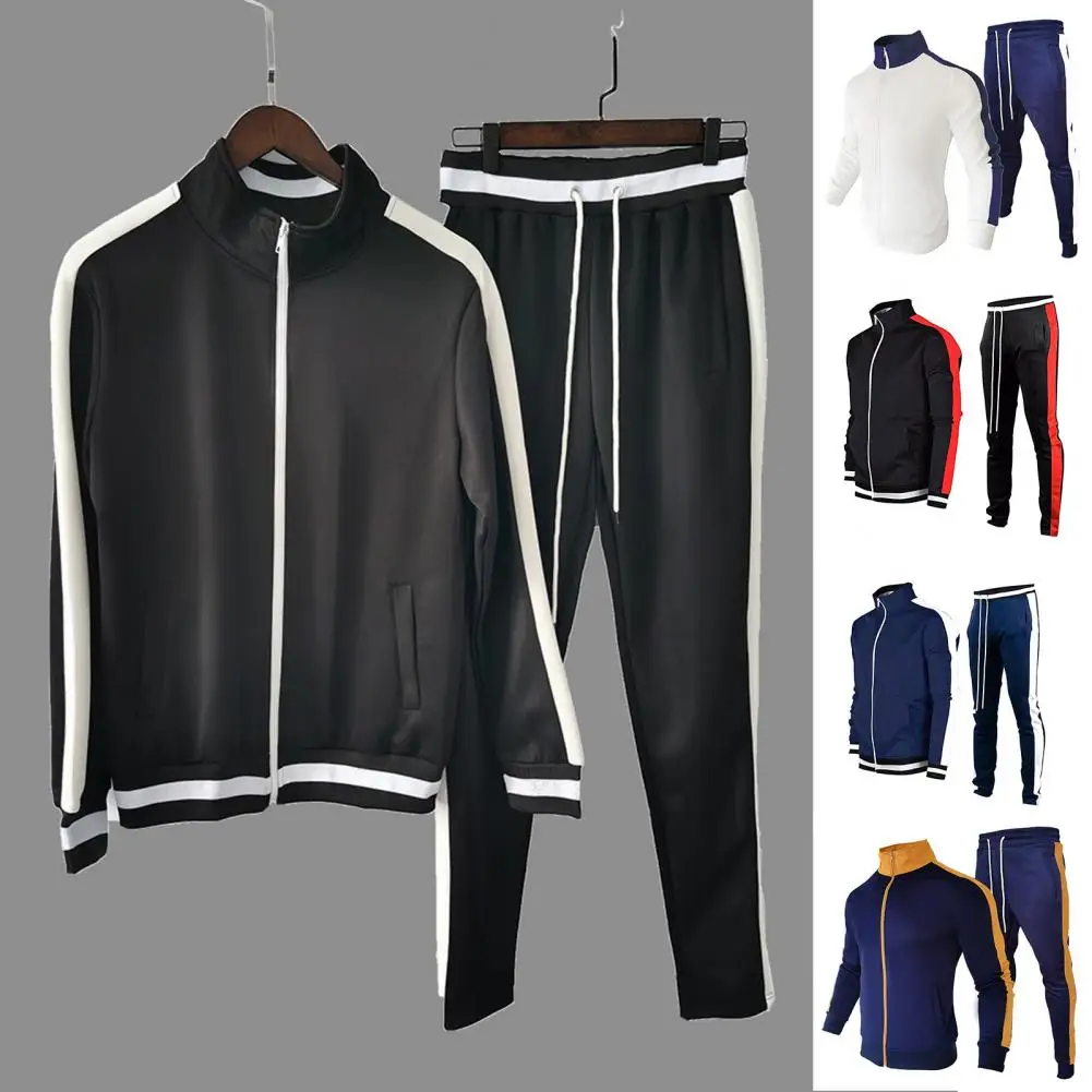 Tracksuit Set Outfit Patchwork 2 Pieces Long Sleeve Zipper Drawstring Warm Tracksuit Set Sportswear Suit Stand Collar