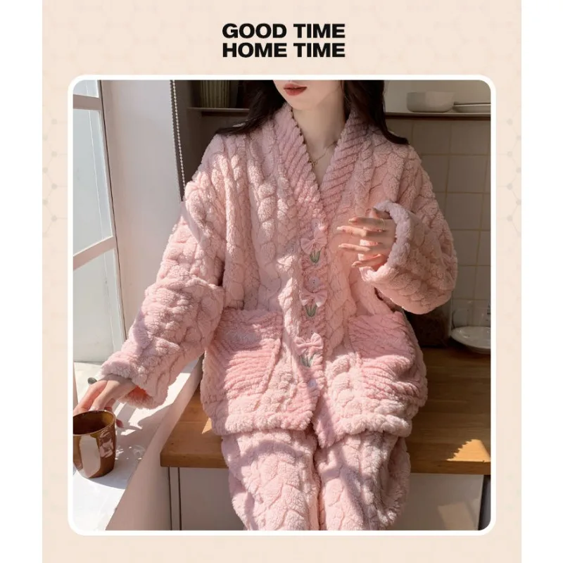 Panda pajama Lady Winter coral velvet thickened flannel Autumn /Winter student Korean cute warm home wear set pajamas for women