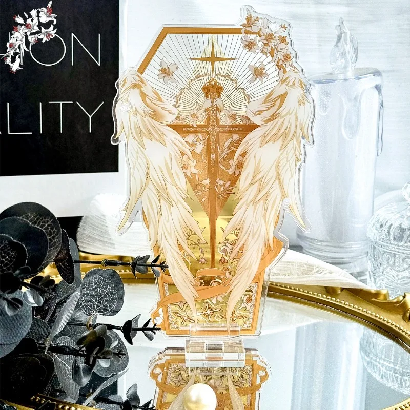 Fallen Angel Prayer Acrylic Character Stand Display Shaker Frame, Gothic Wing Card Holder, for Anime Kpop Collectibles Decor