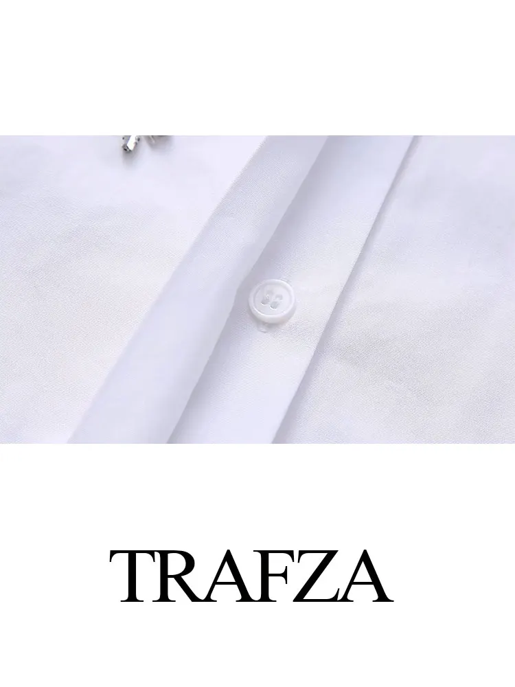 TRAFZA 2023 Women\'s Shirts Autumn Blouses For Women Fashion Turn Down Collar Jewelry Decoration Slim Shirt Female Vintage Simple