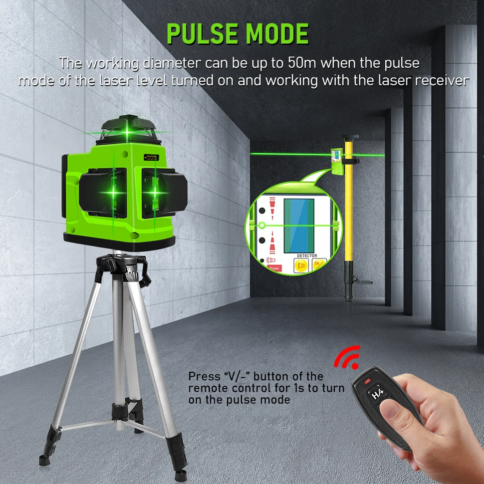 CLUBIONA 12 Green Lines Laser Level Remote Control Self-Leveling With Li-ion Battery Pulse Mode Receiver and Wall Bracket Tripod