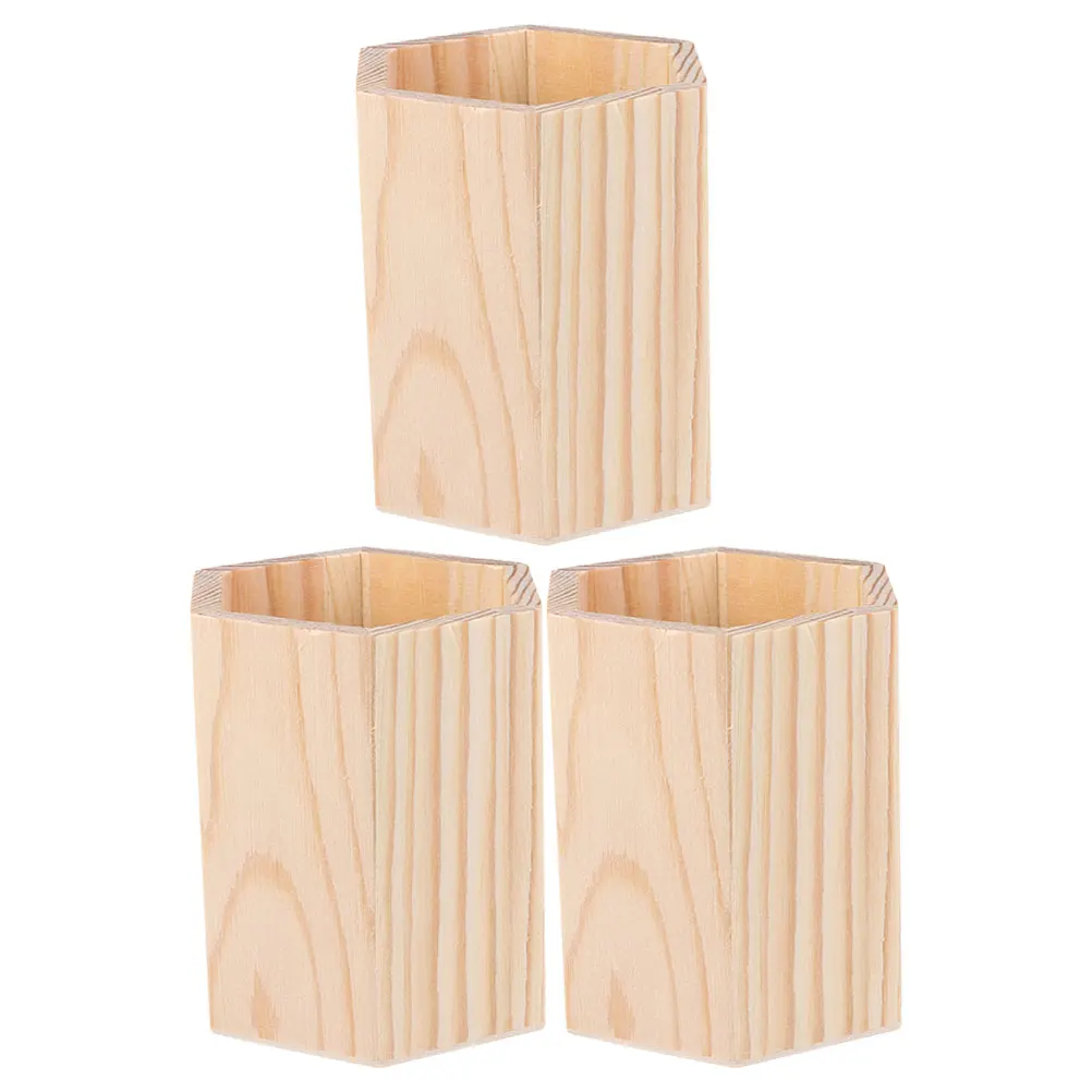 

3 Pcs Wooden Pen Holder Unfinished Stationery ganizer Desktop Pencil Bucket Cup DIY Blank Wood Pens Storage Decor Container