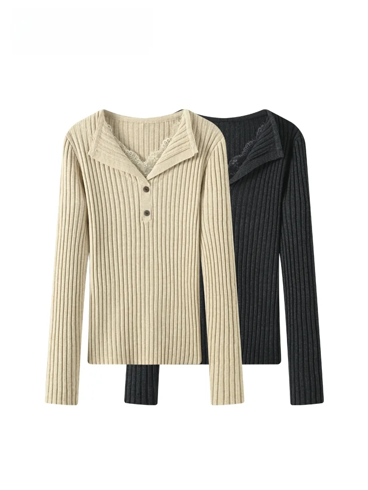 

Loose Long Sve Knitted Sweater Women's Casual V-Ne plus Size Spring Faion Slimming Splicing Base irt Korean Sle