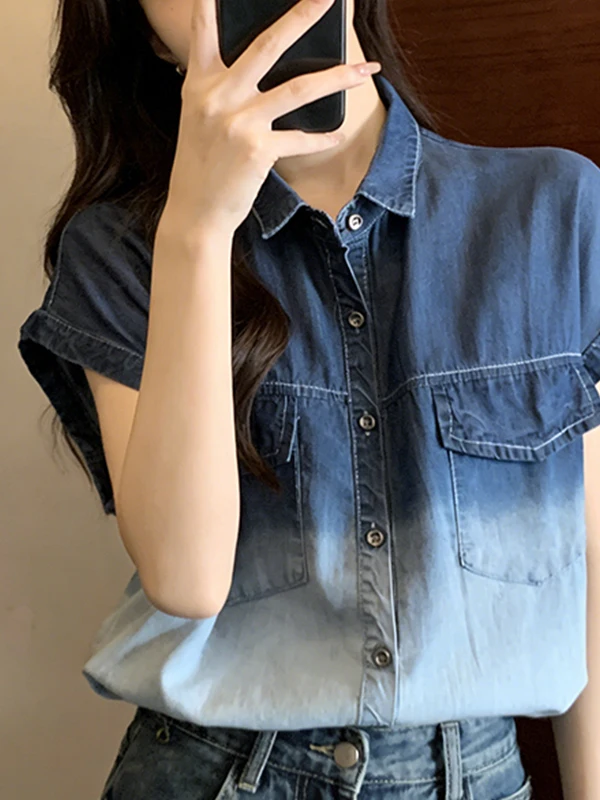 

Loose Fit Gradient Color Sleeveless Short Sleeve Denim Shirt Women's Summer Casual Breathable Fashion Korean Style Top