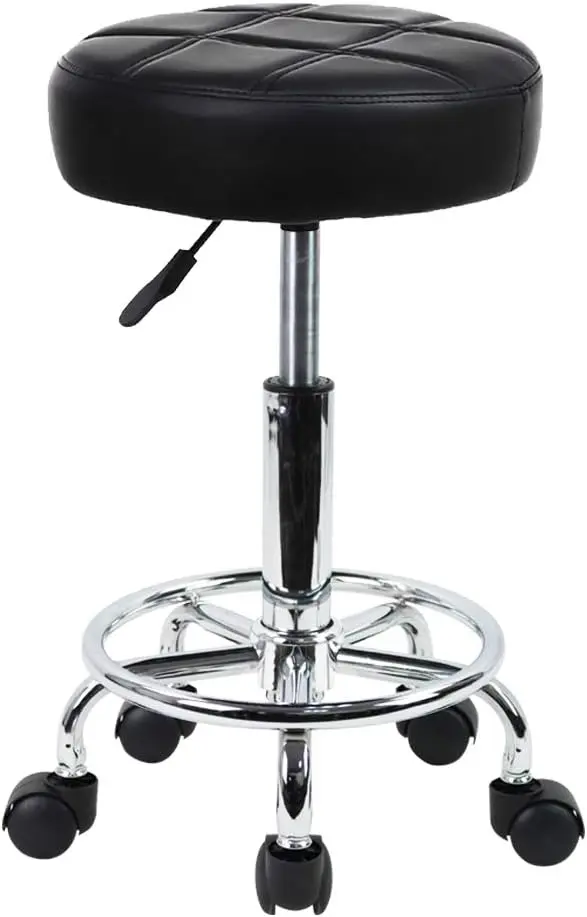 Round Rolling Stool Chair PU Leather Height Adjustable Swivel Drafting Work SPA Shop Medical Salon Stools with Wheels Of