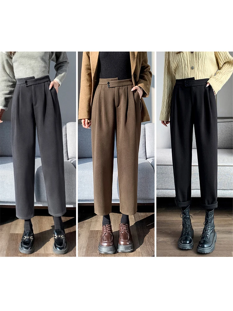 2024New Autumn Winter High Waist Woolen Haren Pants Women's Clothing Slim Ankle Length Velvet Thick Straight Office Lady Vintage