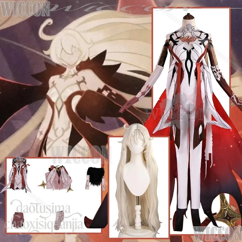 

Asmoday Косплей Игра Genshin Impact Костюм Сексуальный Красный Белый Комбинезон Длинный Хвост Боевая Униформа Парики Хэллоуин Comic Con Festival