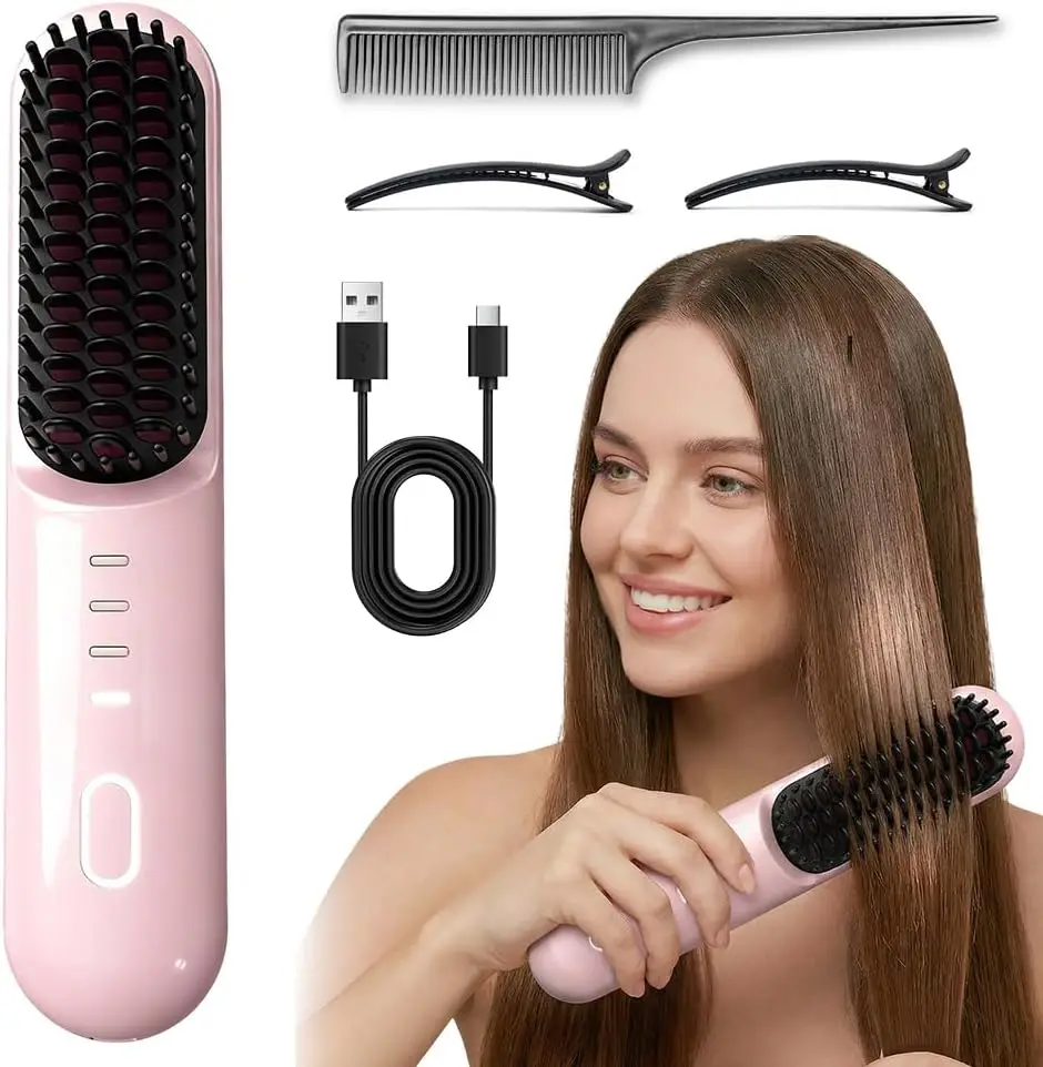 

Upgraded cordless hair straightening brush, 30 seconds of quick heating, 3 adjustment modes, ion and ceramic care functions