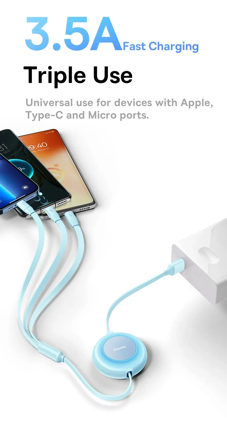 Baseus 3 in 1 Retractable USB Cable for iPhone Charger Fast Wire Charging Cable For Android Phone Type C For Xiaomi Samsung