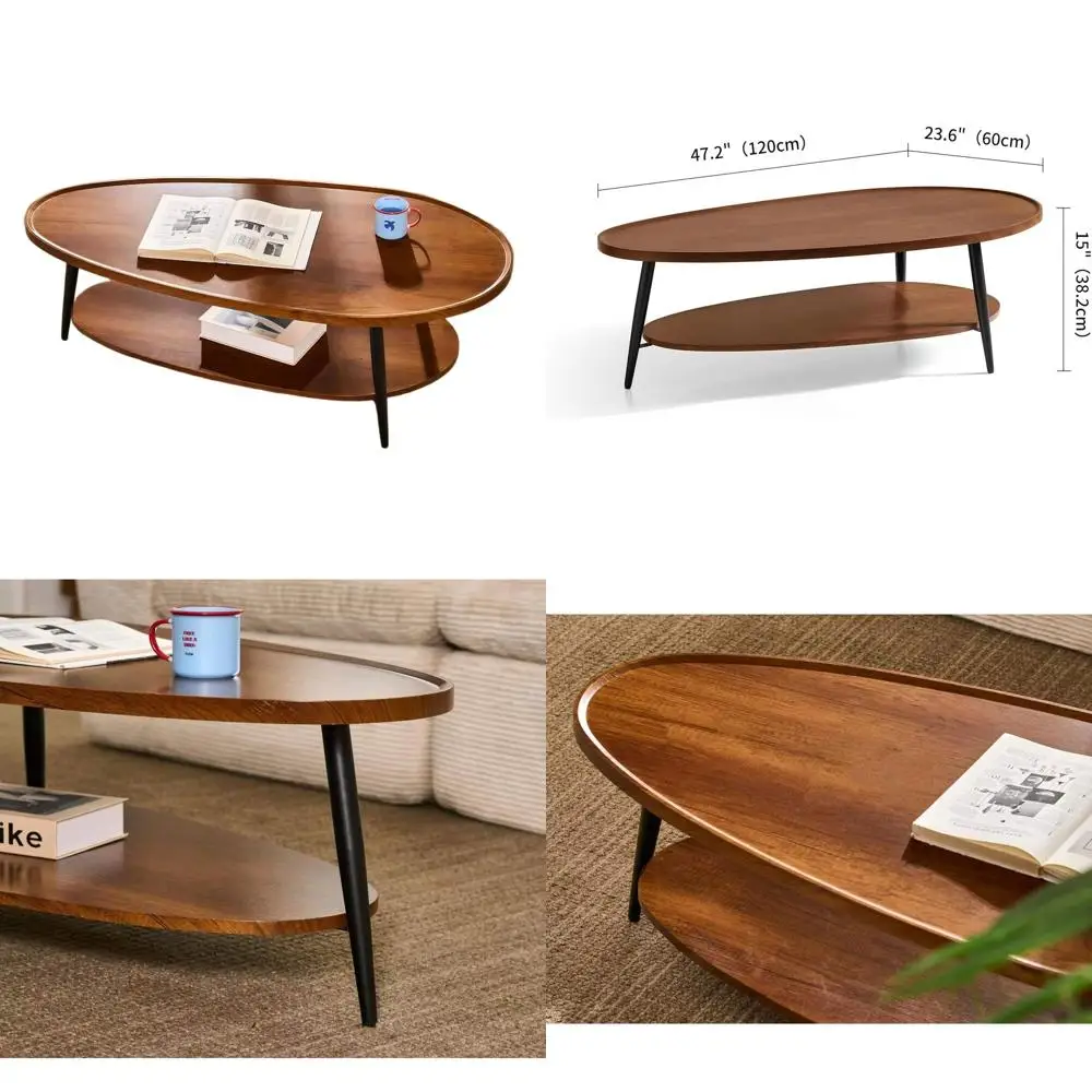 

Mid-Century Modern Walnut Coffee Table, 47 Diameter x 23.6 Wide x 15 High, Black Metal Legs