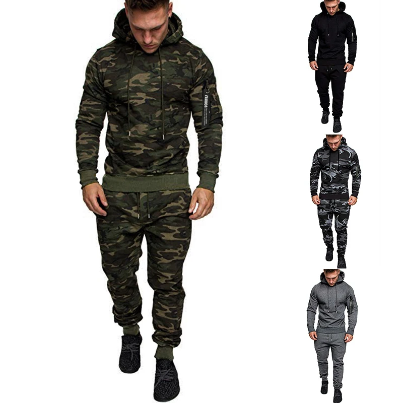 Conjunto de 2 piezas de camuflaje para hombre, ropa con capucha de manga larga, a la moda ropa de calle, Jersey deportivo y pantalones de chándal