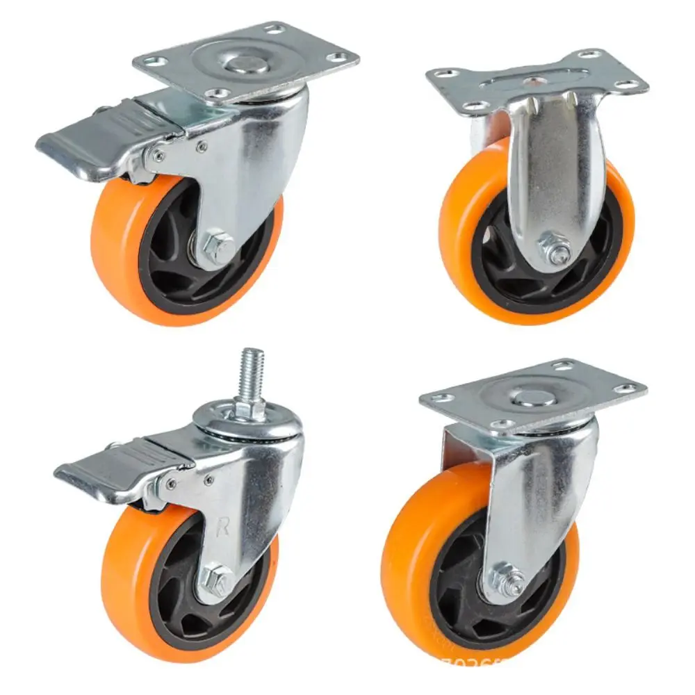 rodizios-giratorios-de-3-4-5-polegadas-com-freio-rodas-industriais-de-pvc-de-eixo-duplo-corpo-preto-e-face-laranja-para-moveis-mesas-e-prateleiras