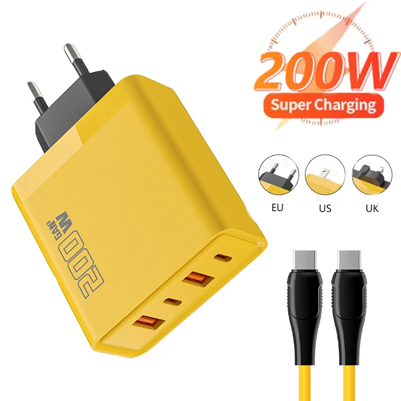 

200W Ultra Fast Charger 2USB 2PD 4-In-1 Type C Fast GaN Phone Charger For Iphone Huawei Samsung Xiaomi Oppo EU US Plug ﻿