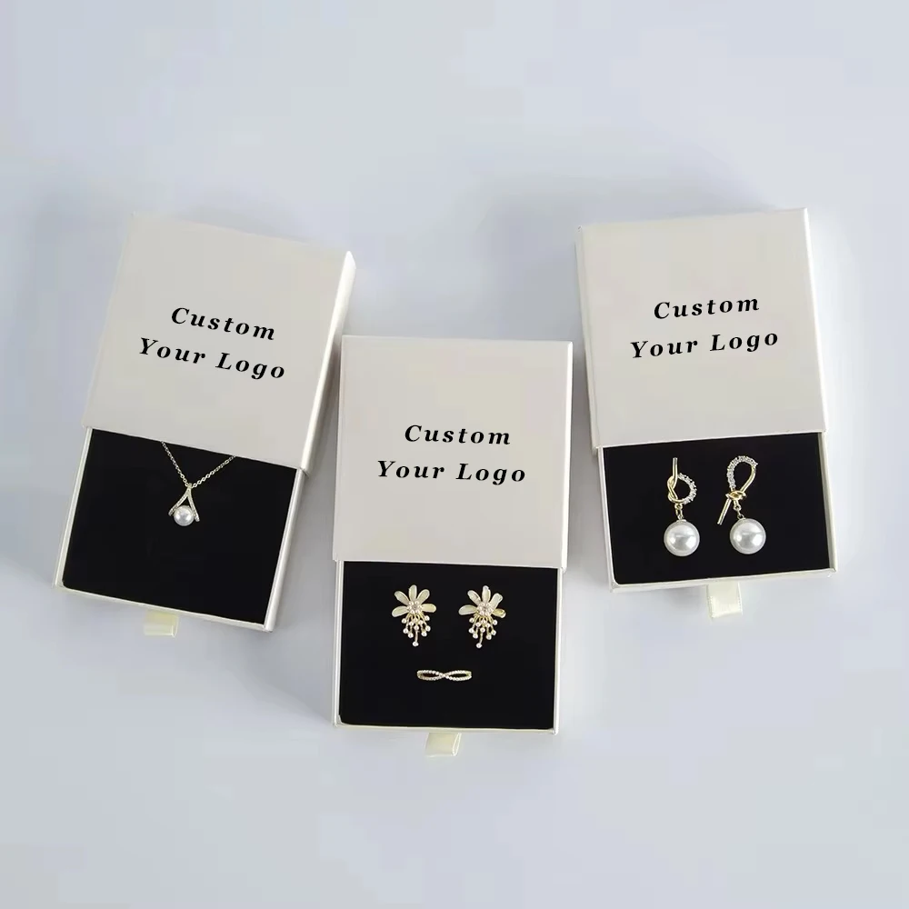 

50pcs Personalized Logo Paper box Custom Jewelry Box Chic Small Ring Necklace Packaging Bulk Cardboard Drawer Box