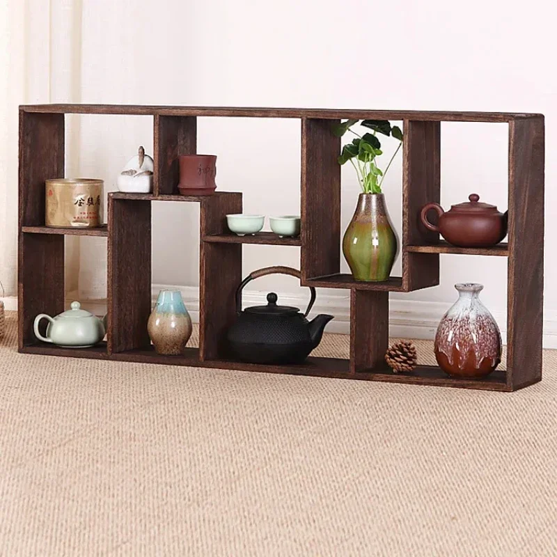 

Wall Hanging Solid Wood Teacup Shelf Chinese Floating Tea Set Organizer Cultural Storage Shelves for Tea Rooms