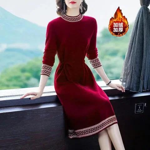 Autumn Winter Elegant Fashion Patchwork Waist Lace Up Dress Ladies Long Sleeve Slim Add Velvet Robe Women Vintage Casual Vestido