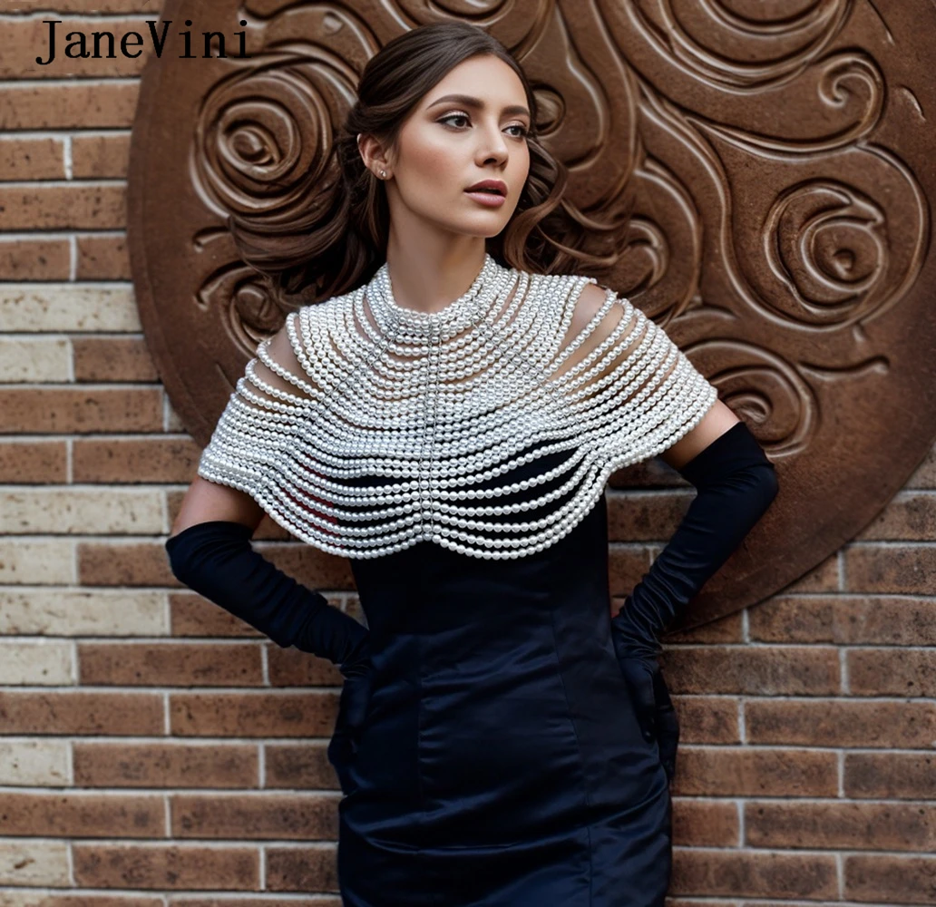 

JaneVini Elegant Women Shawl Necklace Layers Pearl Body Chain Dress Nightclub Shoulder Cover Chain Bra Bridal Wraps Wedding Cape