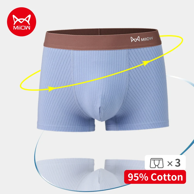 MiiOW 3Pcs Cotton Breathable Men's Panties Antibacterial Crotch Fashion Knitting Striped Boxers High Elastic Waist Man Undrewear