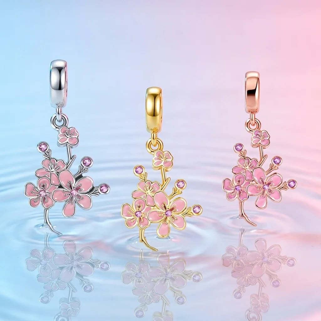 Hot Sale 3 Colors Cherry Blossom Dangle Charm Beads Fit Original Bracelet Necklace DIY Jewelry European Holiday Gift for Women