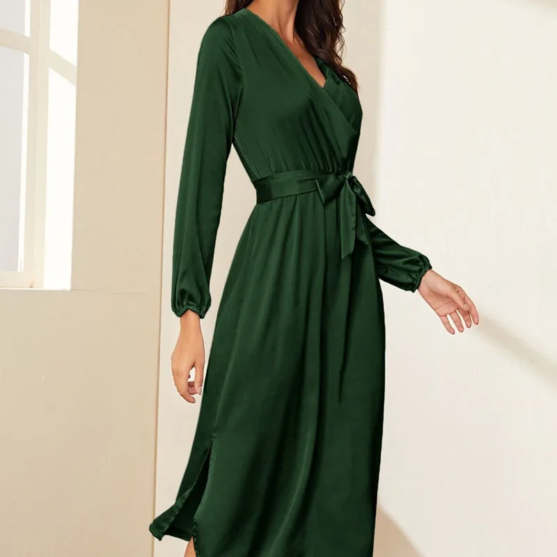 Dark Green Silk Satin Deep V-neck Cross Connection Lace Up Bow Office Lady Mid-calf Dresses Lantern Sleeve Split Fork Women Thin