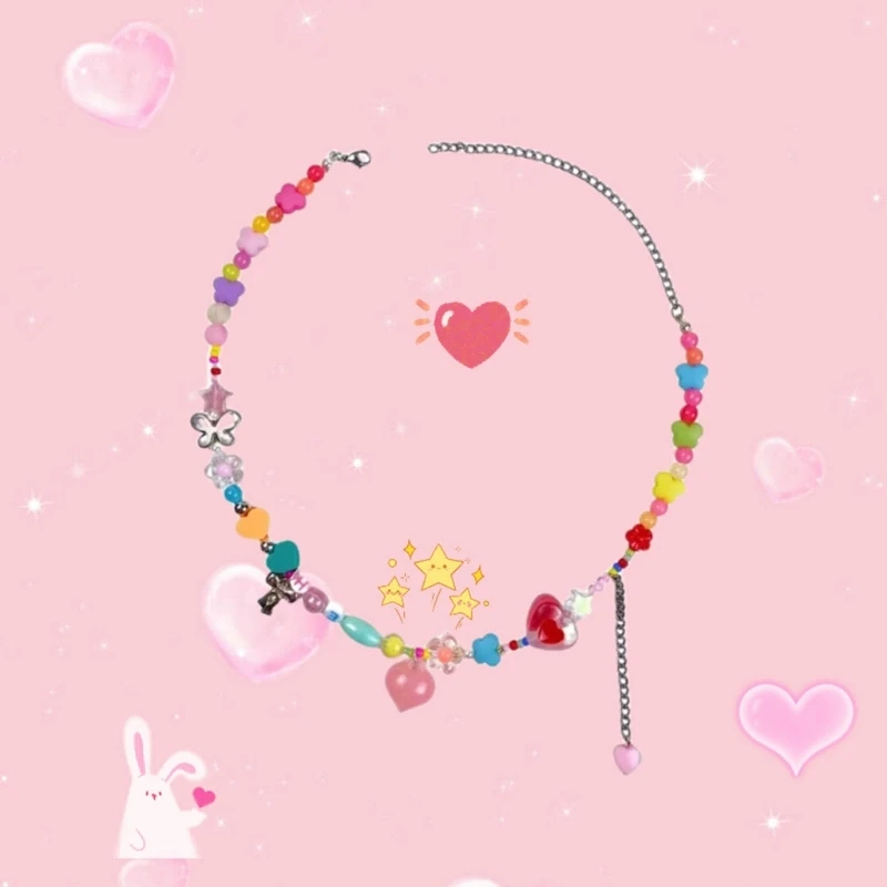 

Heart Pendant Necklace Fun and Playful Y2K Jewelry Accessories with Colorful Beads Heart Pendant Choker Acrylic Material