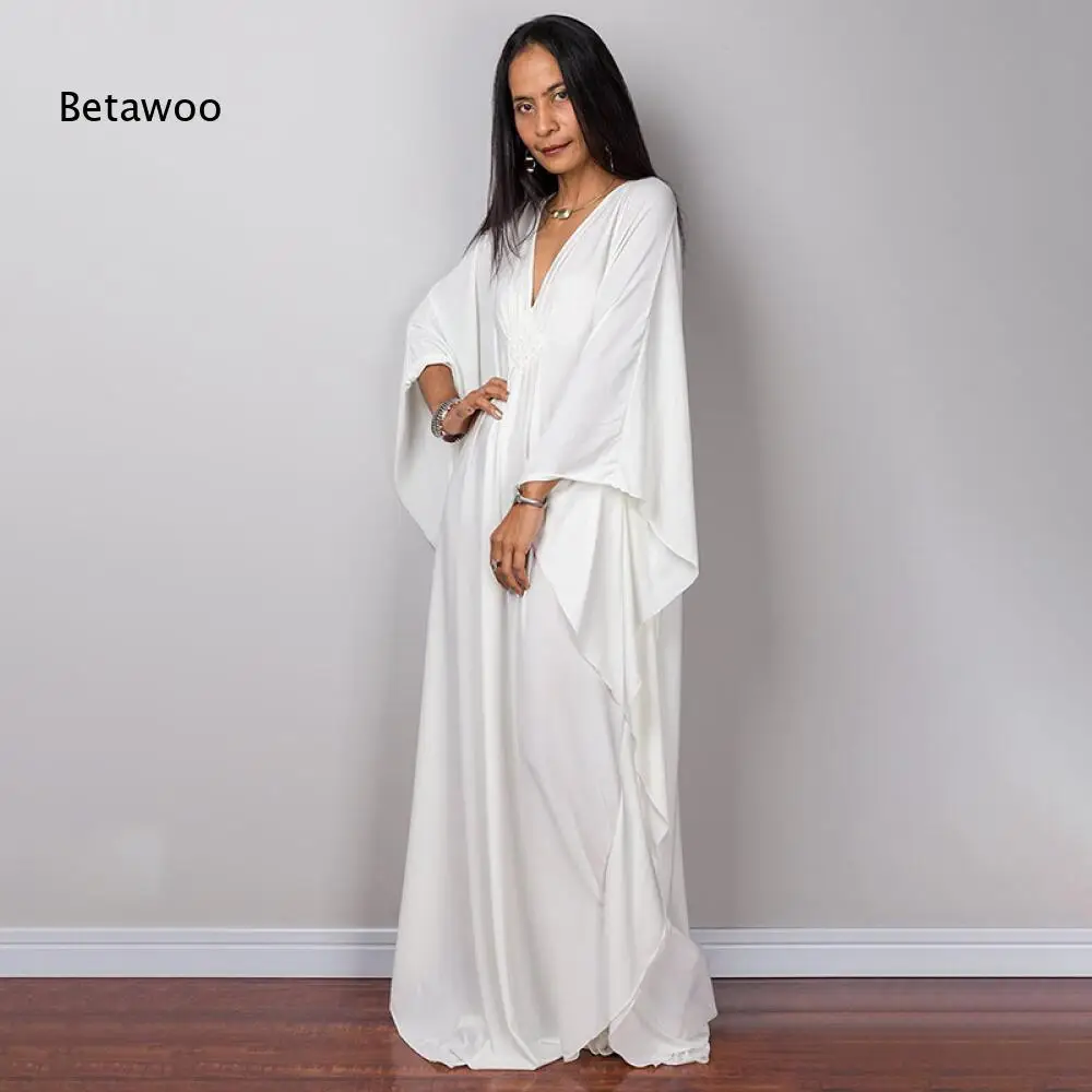 

Soft Drape Fabric Deep V Batwing Oversleeve Ruched Front Relaxed Floor Grazing Loose Beach Resort Long Gown
