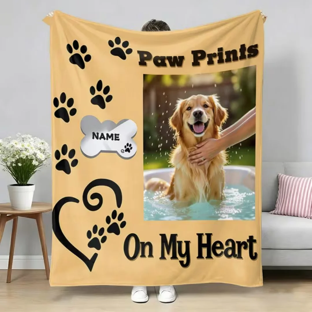 Custom Pet Photo Flannel Blanket, Personalized Name Picture Plush Wearable Throw, Soft Light All Season Machine Washable Blanket