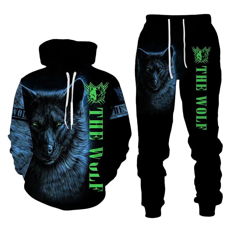 Autumn/Winter New Fierce Wolf Pattern Hoodies Pants Set 3D Printed Casual Sweatshirt Tracksuit Set Fashion Men's Clothing Suit