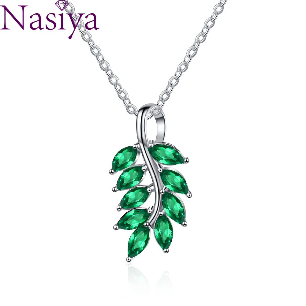 Emerald Zircon  Pendant Necklace 925 Silver Green Leaf Shaped Neck Chain Fine Jewelry Women Party Necklace