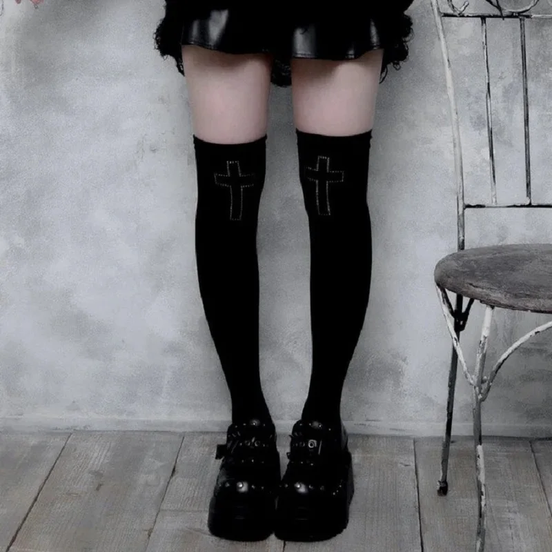 Harajuku Style Black Knee High Socks Y2k Women's Note Rivet Stockings Sexy Fashion Gothic Punk Cute Printed Stockings