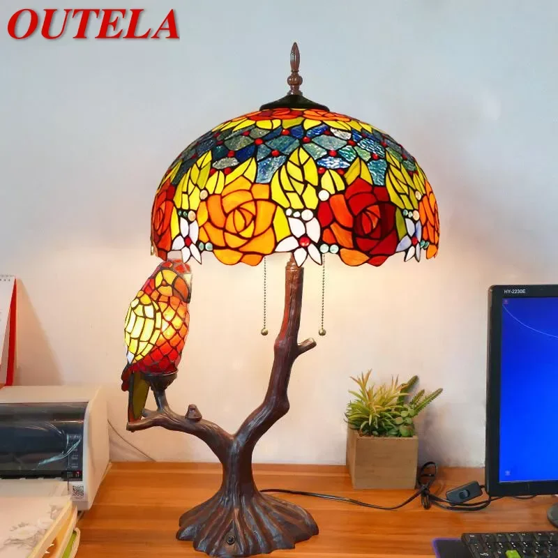 

OUTELA Tiffany Table Lamp American Retro Living Room Bedroom Lamp Luxurious Villa Hotel Stained Glass Desk Lamp