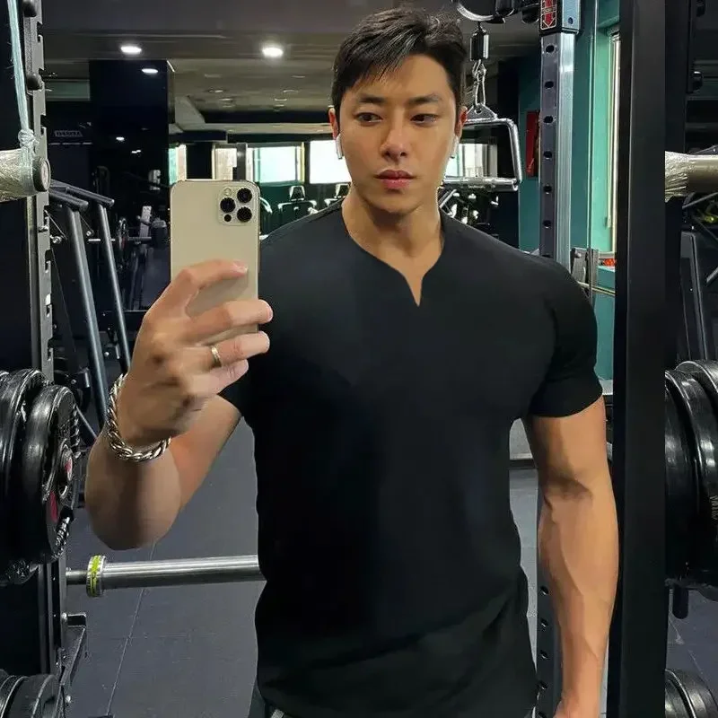 

Sports T-shirt Fitness Trainer V-neck Training Top Running Casual Basketball Slim-fit Quick Drying Henry Collar Base Shirt Man