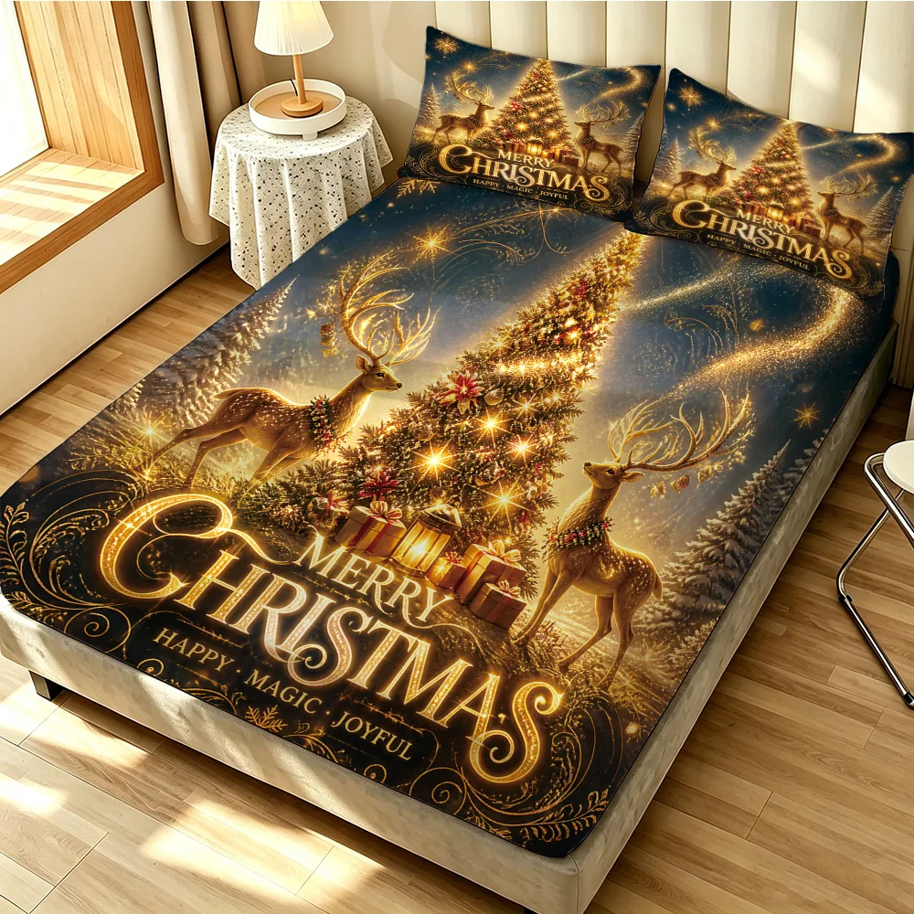 3PCS Christmas Reindeer Xmas Tree MERRY CHRISTMAS Print Duvet Cover Set No Insert Soft Washable 1 Duvet Cover 2 Pillowcases B