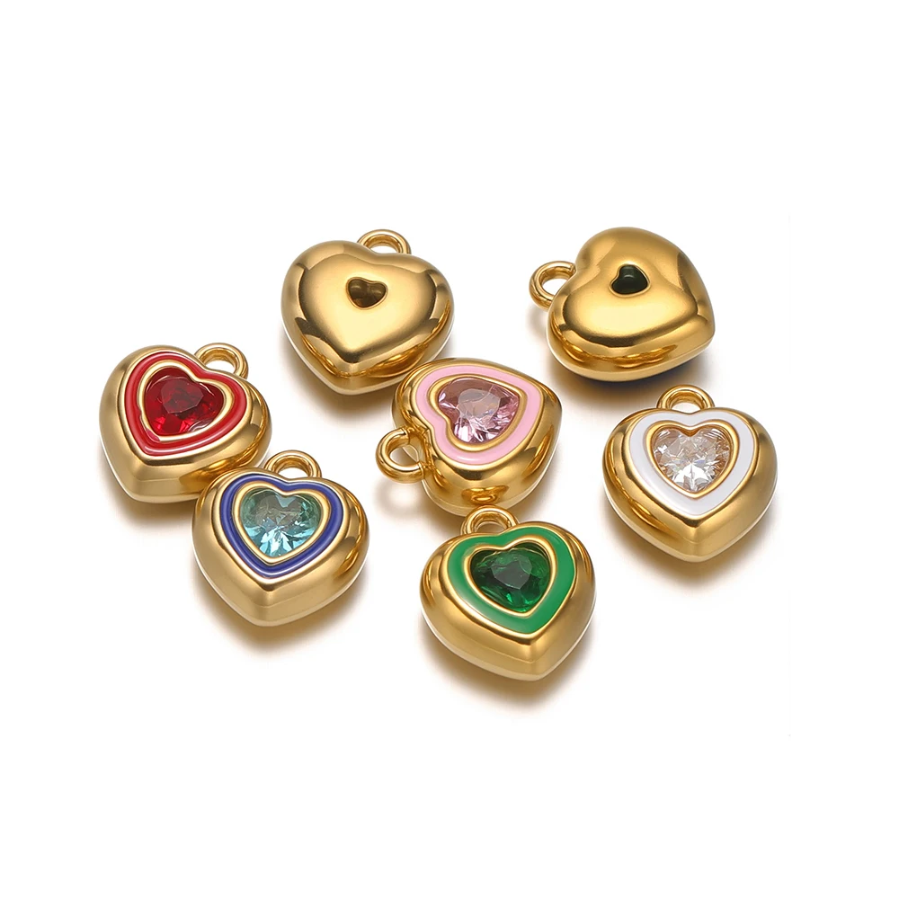 4Pcs Gold Plated Stainless Steel Enamel Heart Charms Zircon Pendants for DIY Crafts Jewelry Making Necklace Earrings Accessories