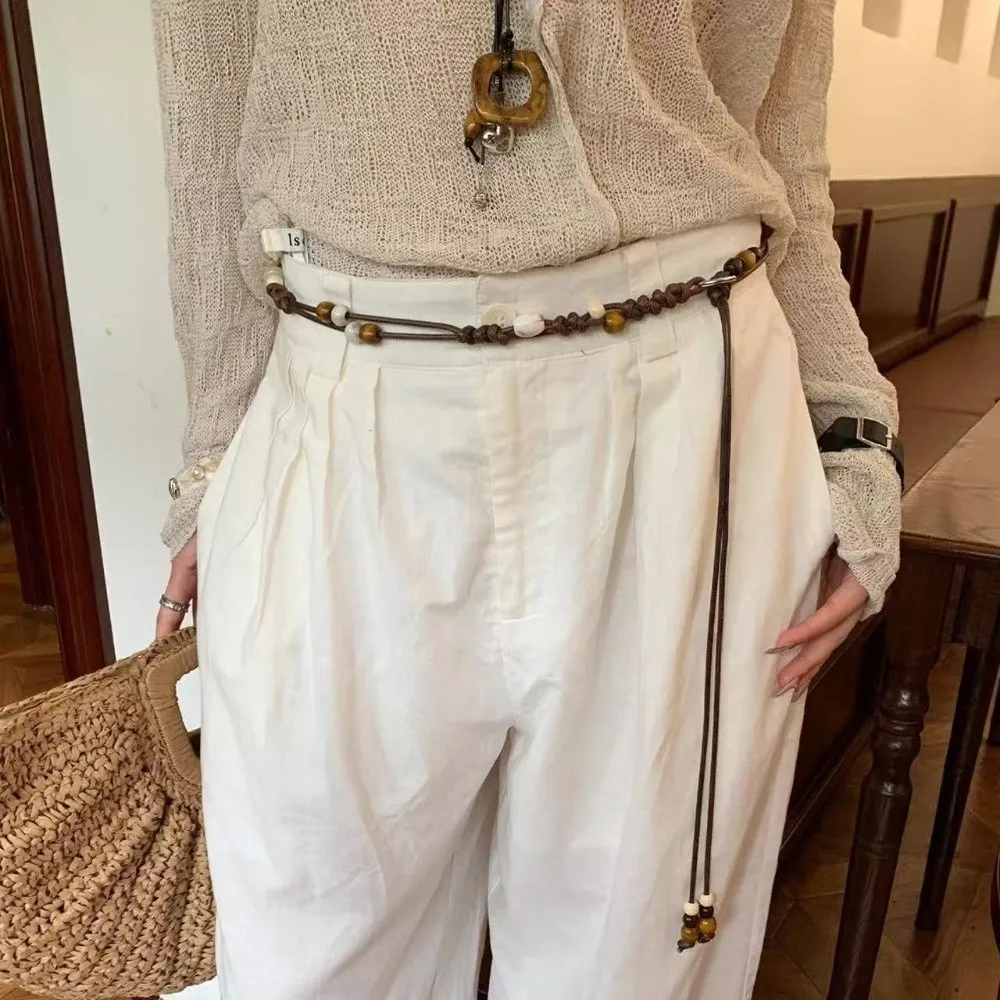Ethnic Hand-Woven Waist Chain Wooden Bead High-End Decorative Waist Belt Adjustable Slenderizing Waist Rope for Dress and Jeans
