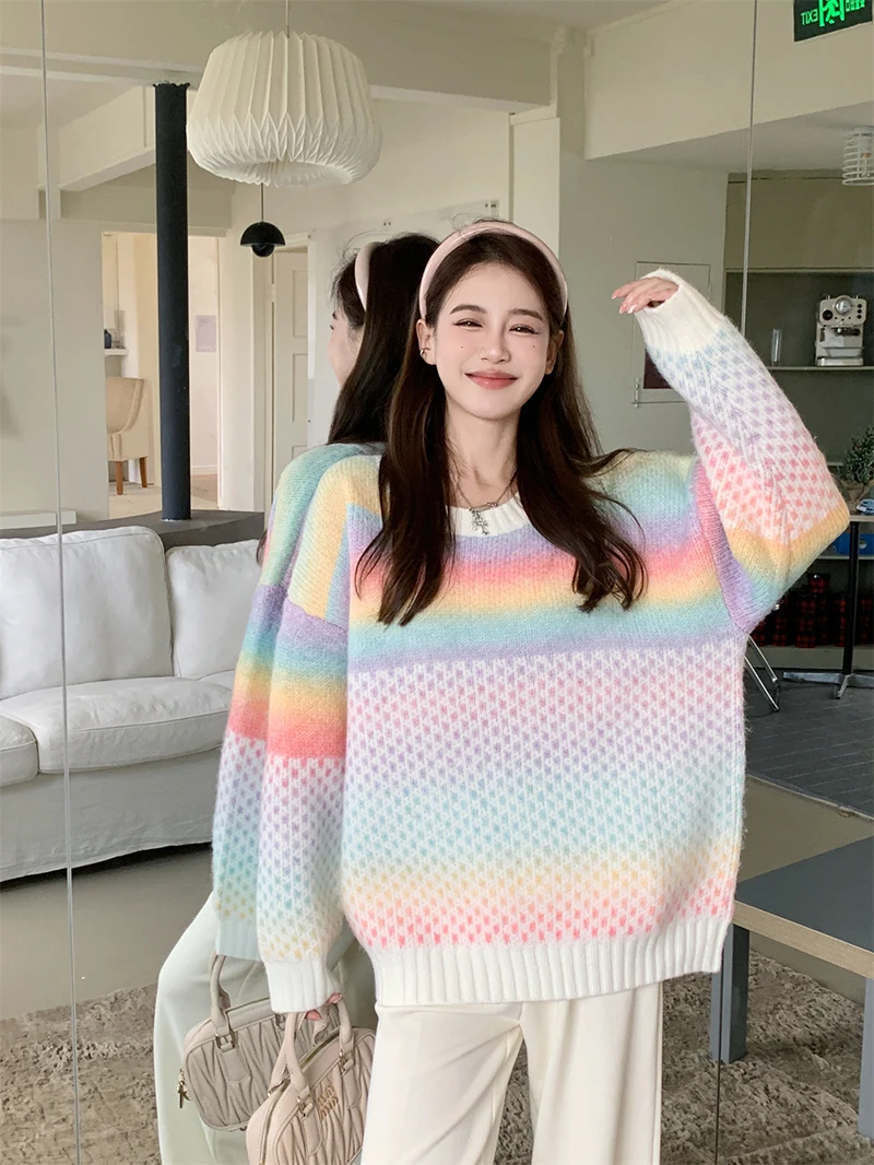 Dopamine Collar Knit Sweaters Women Oversized Rainbow Striped Preppy Korean Casual Pullovers Knitwear Streetwear Patchwork Jumpe