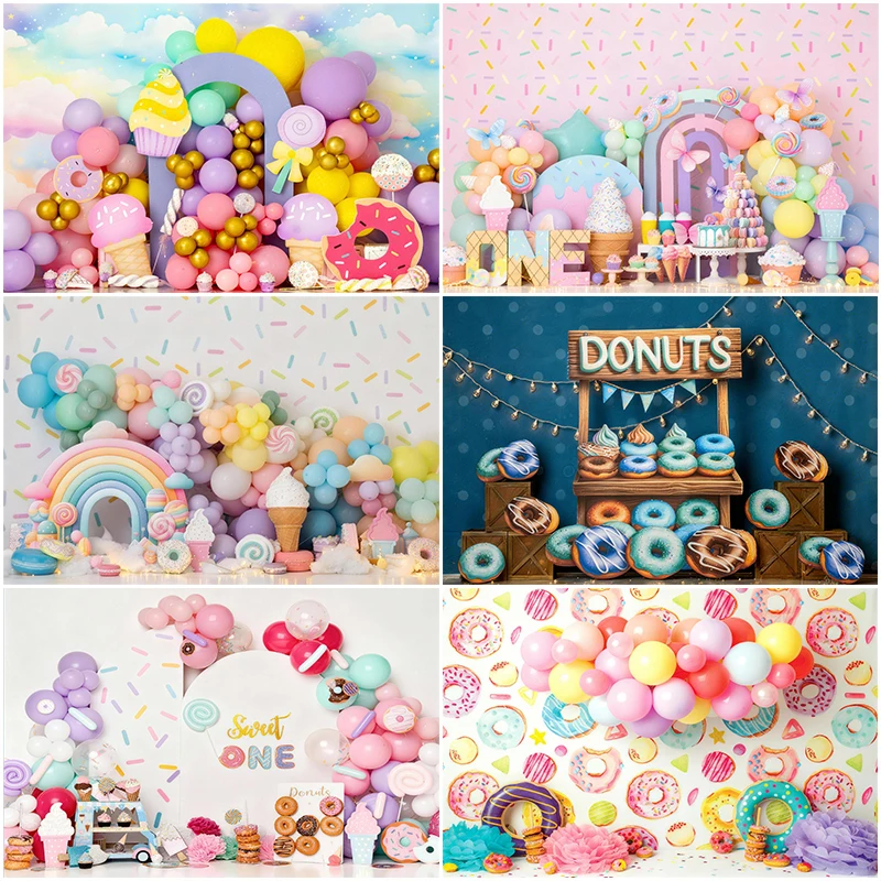 

LS Birthday Colorful Balloon Donut Backdrops Kids Cake Smash Props Baby Child Photocall Decors Gift Box Ice Cream Background