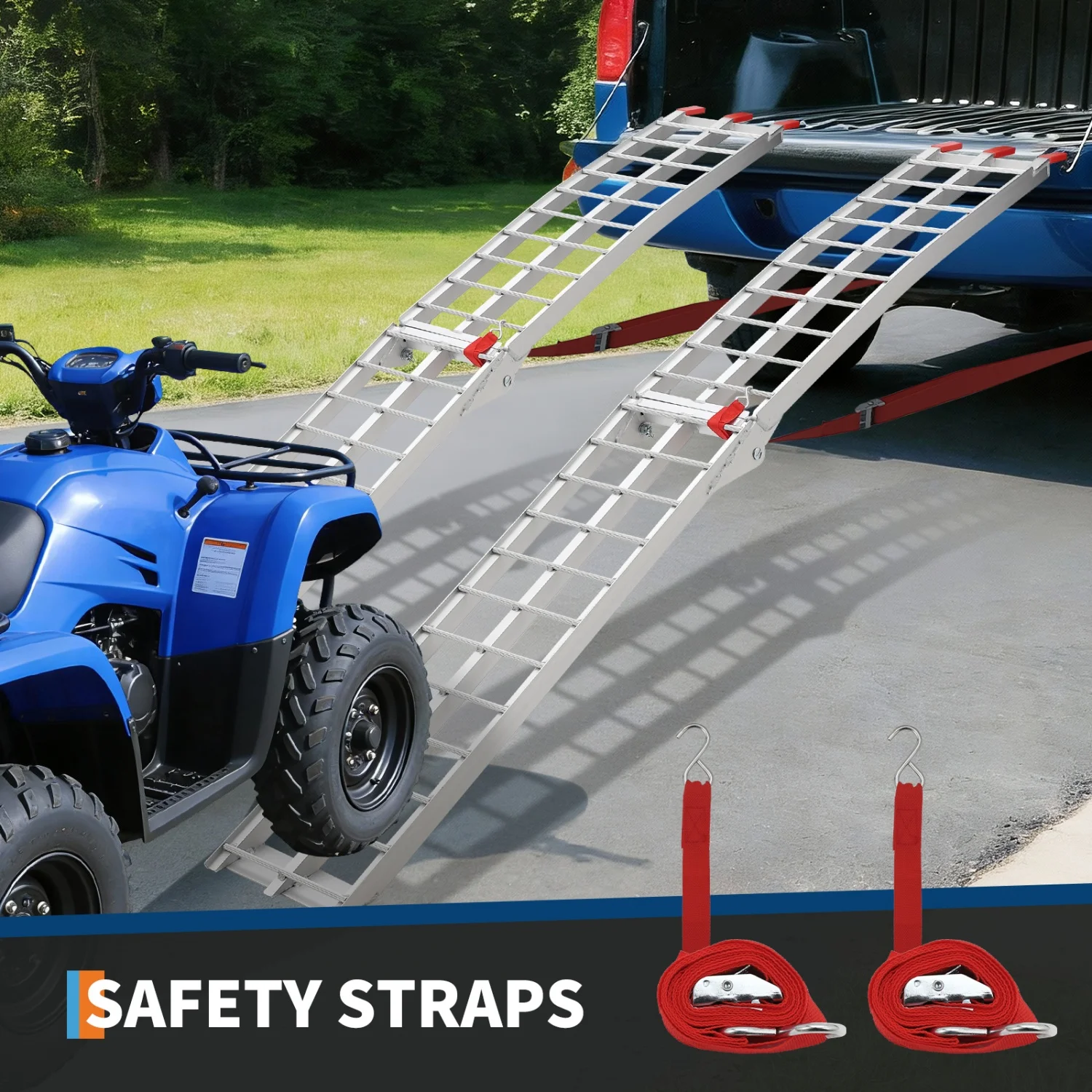 

ATV Ramps for Pickup Trucks, 7.5 ft Folding Aluminum Truck Ramps 1 Pack/2 Pack, Anti-Slip Crossbar Rungs, Rubber-Tipped Ends,Load Straps, 1,500 lb per Pair (750 Each), Loading Ramps for ATV/UTV, Motorcycles, Lawn Mowers