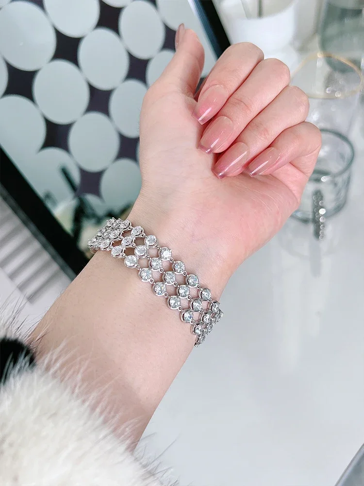 New Fashionable All Diamond Inlaid High Carbon Diamond and White Diamond 925 Silver Bracelet, High-end Banquet Jewelry