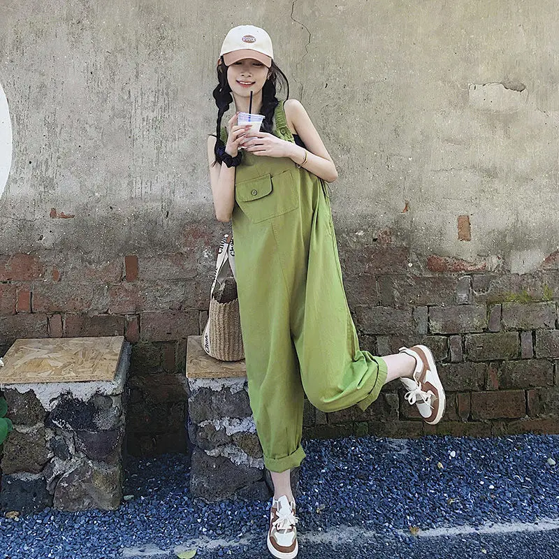 Green Jumpsuits Women Summer Lovely Girls Trendy Korean Pockets Daily Pure Color BF Style Student All-match Streetwear New Cargo