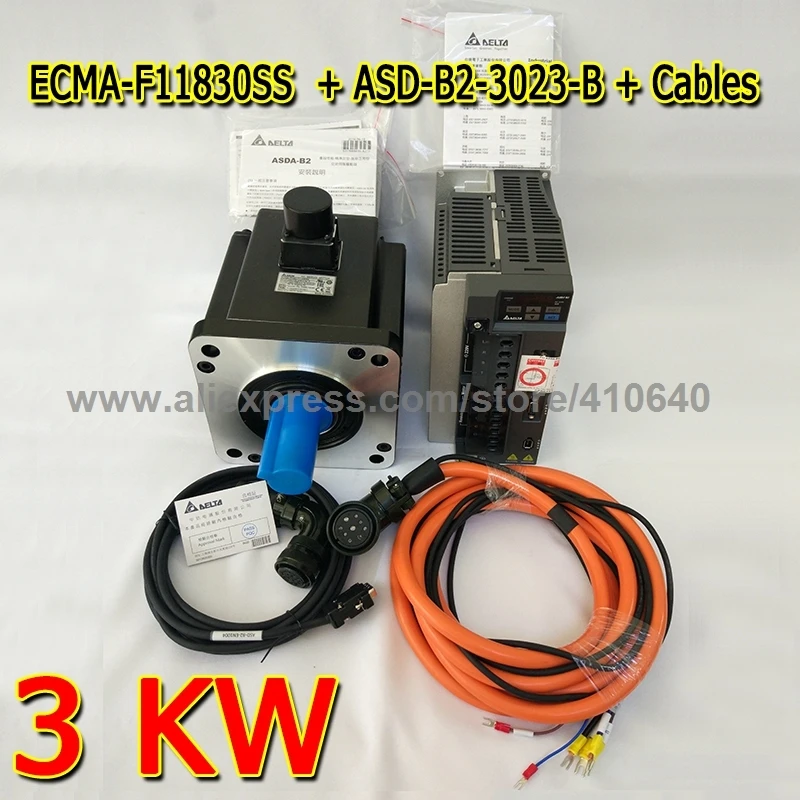 Genuine Delta AC Servo Motor 3 KW ECMA-F11830SS with Brake and Delta AC Servo Motor Drive ASD-B2-3023-B with Full Set of Cable