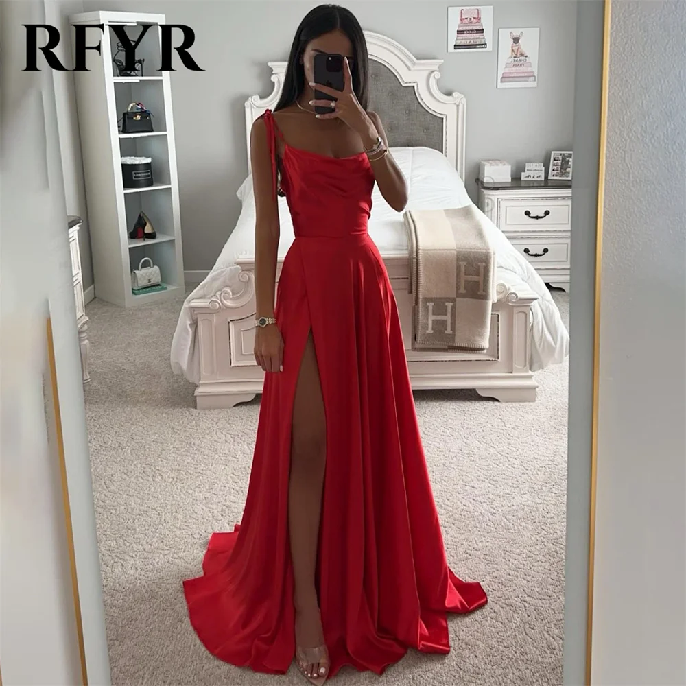 

RFYR Red Spaghetti Strap Evening Dresses Beach Sweetheart Prom Dress with Pleats Satin Side Split 프롬드레스 Floor Length Party Dress