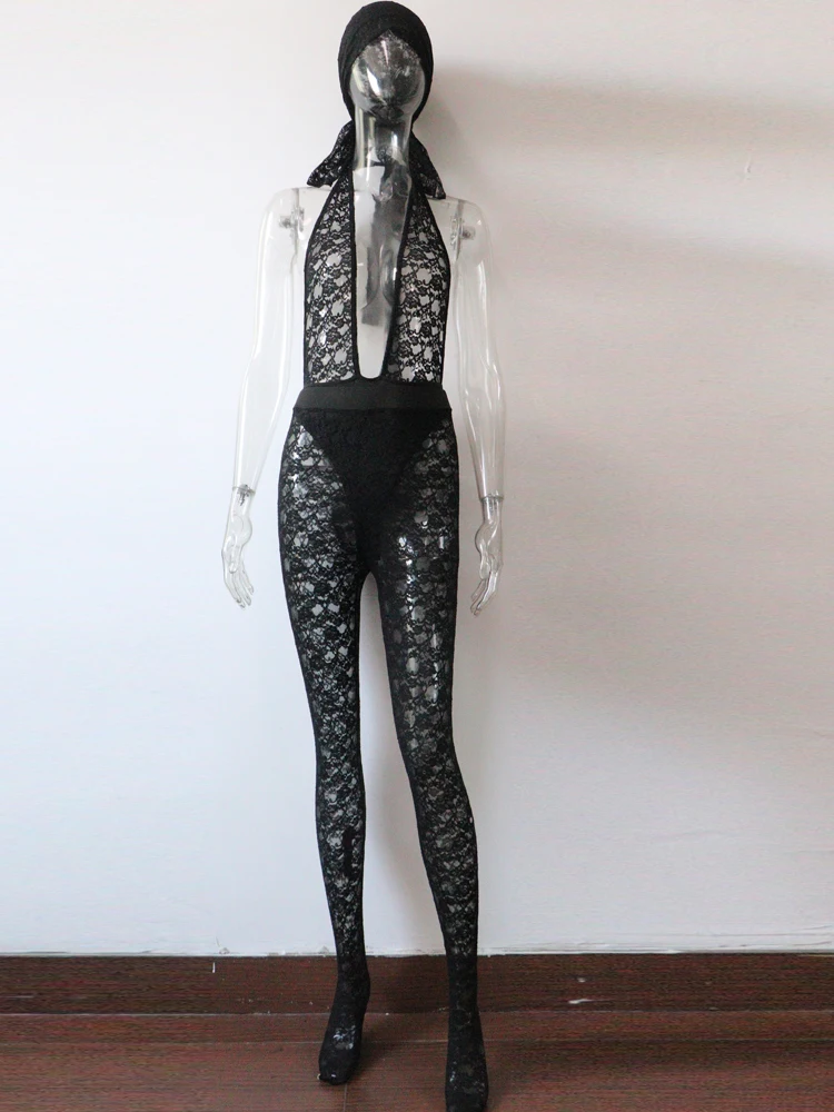 Kricesseen Women\'s See Through Floral Lace Legging Suits Set 3 Piece Outfits Sexy Backless Black Lace Pant Set Lingerie Set