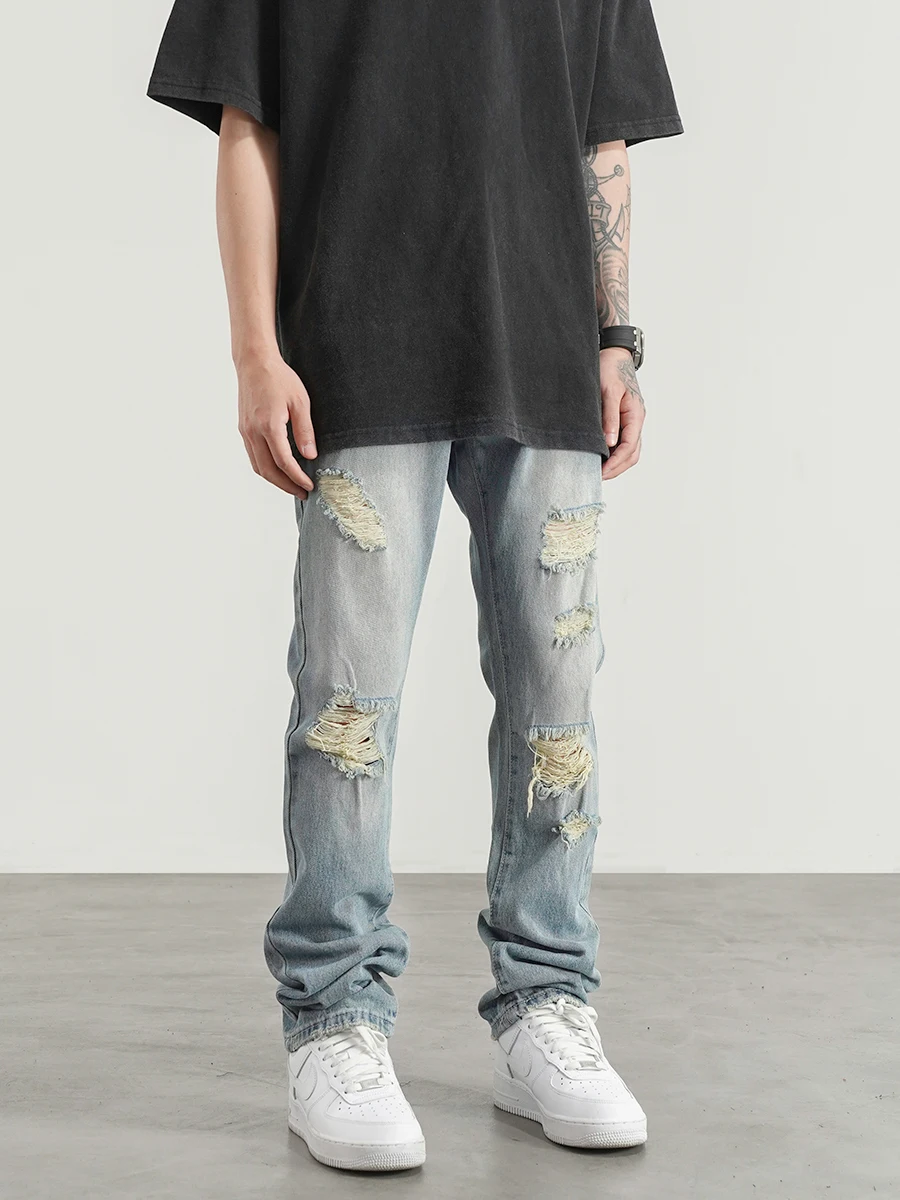 High Street Style Water Washed Hole Straight Leg Jeans Men  Trousers