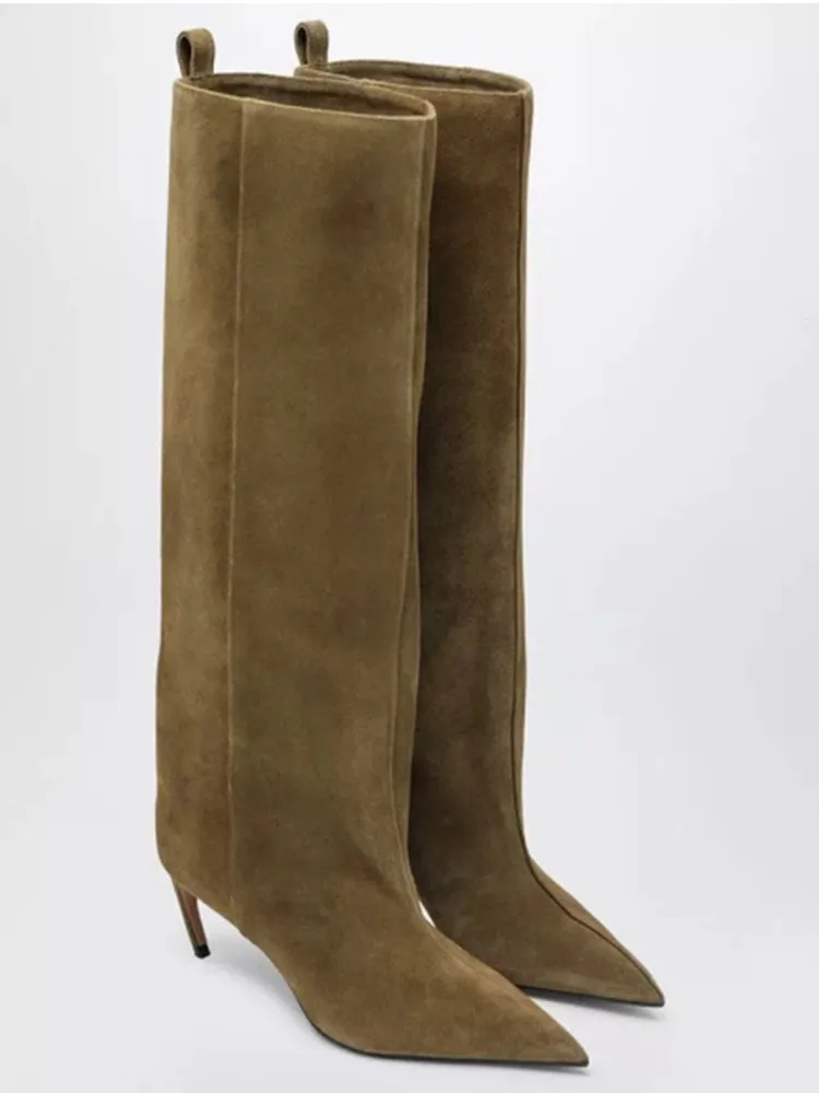 Women's new slim fit high heels knee high boots, fashionable pointed boots for women, autumn and winter mid length women's boots